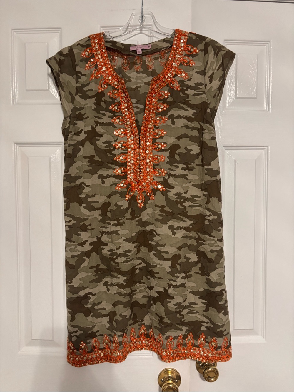 Calypso Beaded Camouflage Shift Dress in Olive with Orange Beading Womens M